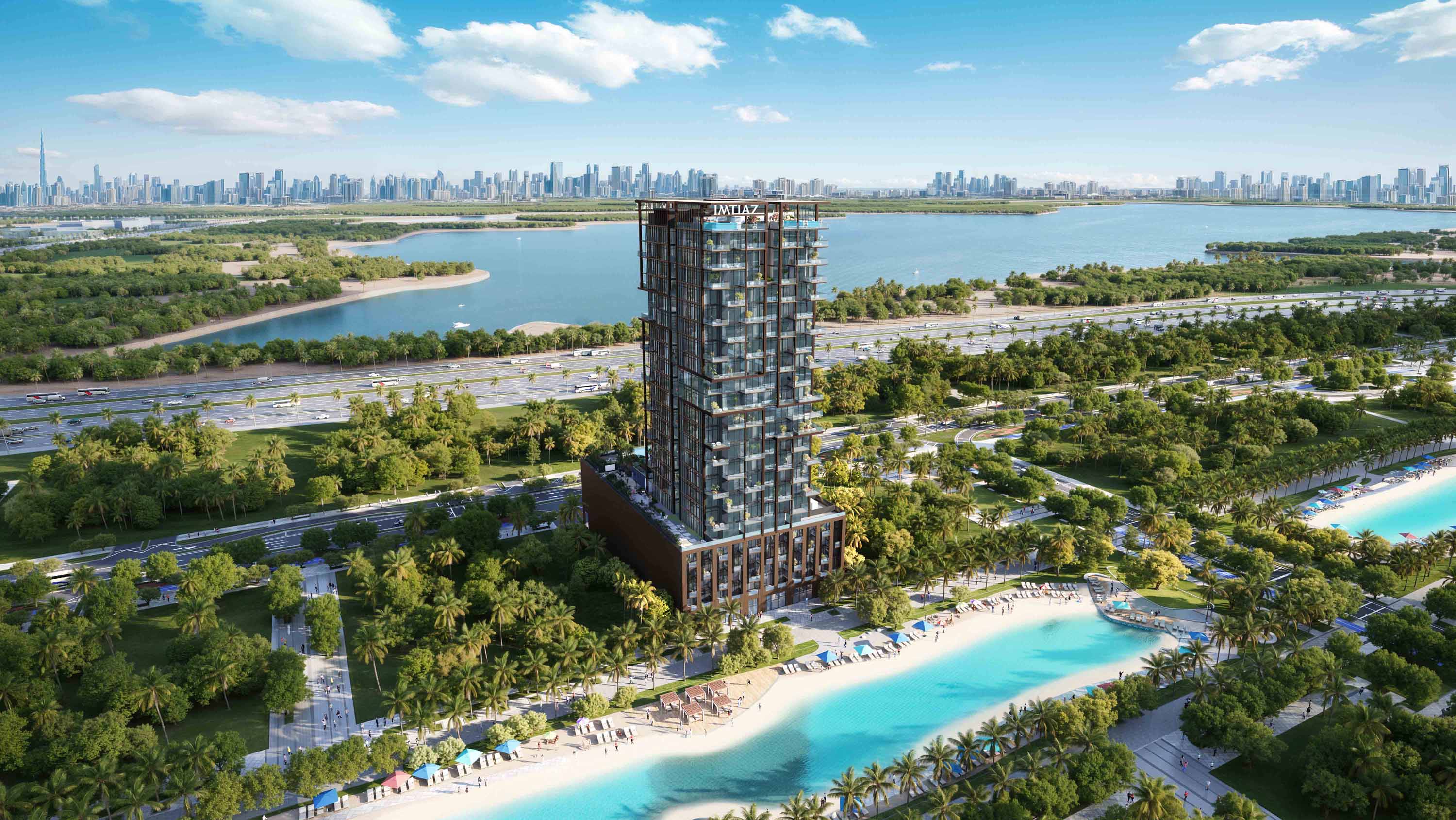 Wynwood Horizon By Imtiaz A modern glass building overlooking a serene blue lagoon, surrounded by lush greenery and a city skyline in the distance.